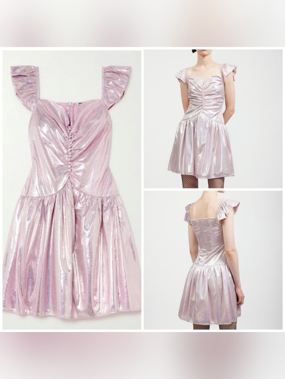 NWOT Batsheva Wendy Ruched Holographic Lamé Mini Dress In Baby Pink